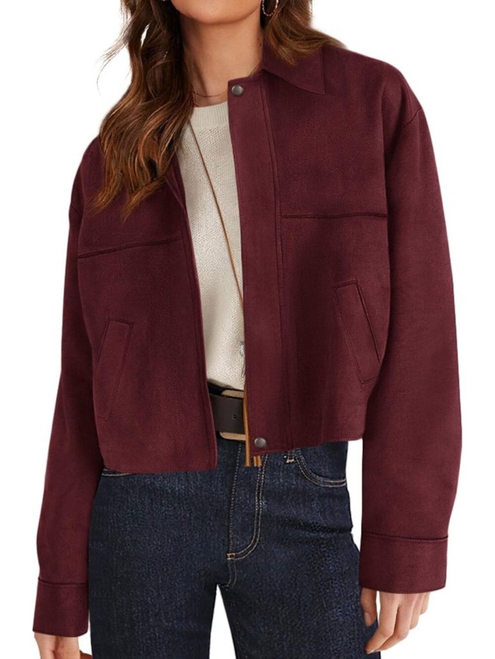 Women's Wine Red Faux Suede Cropped 2 Pockets Fall Jacket Oversized Shacket